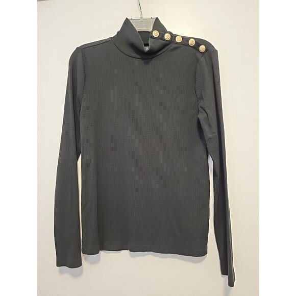 J Crew Women's Ribbed Turtleneck Black Gold Buttons On Shoulder Med Old Money - Picture 1 of 6